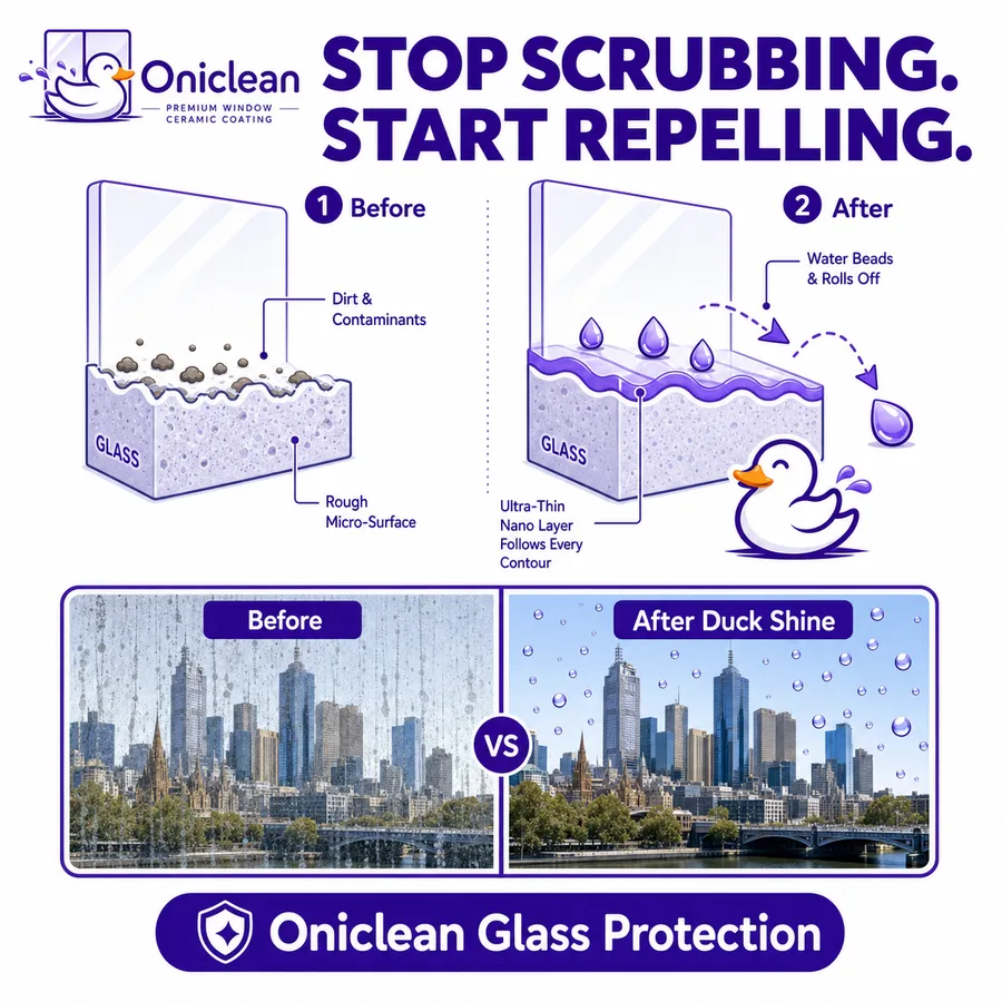OniClean duck mascot giving a thumbs up beside a window protected from soap scum and water marks